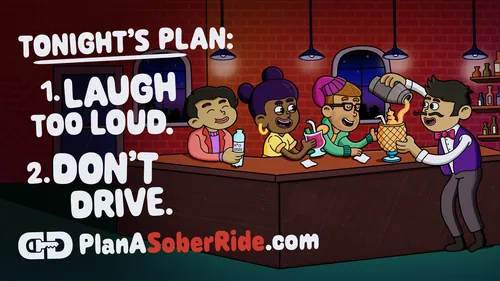 Daniel Sulzberg cartoon of friends laughing at a bar with a sober ride message.