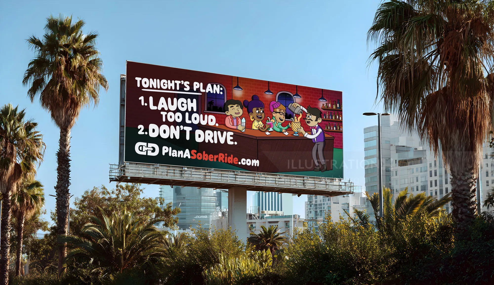 Daniel Sulzberg photograph of a sober ride billboard among palm trees