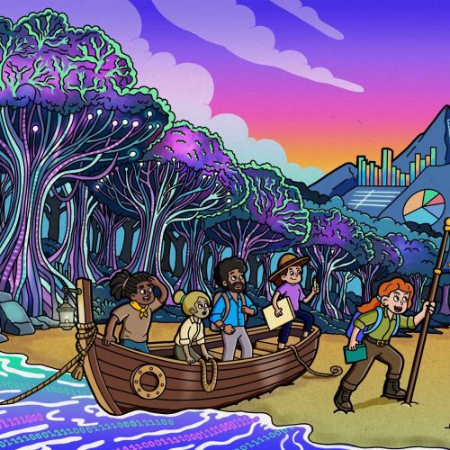 Daniel Sulzberg illustration of travelers exploring a colorful river beside mountains