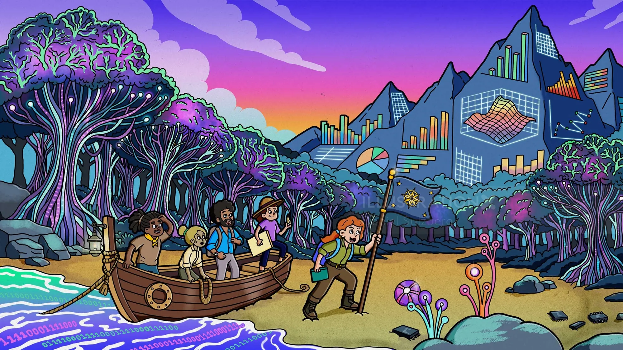 Daniel Sulzberg illustration of travelers exploring a colorful river beside mountains