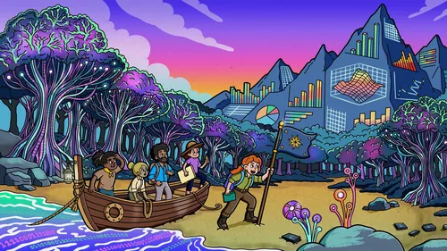 Daniel Sulzberg illustration of travelers exploring a colorful river beside mountains
