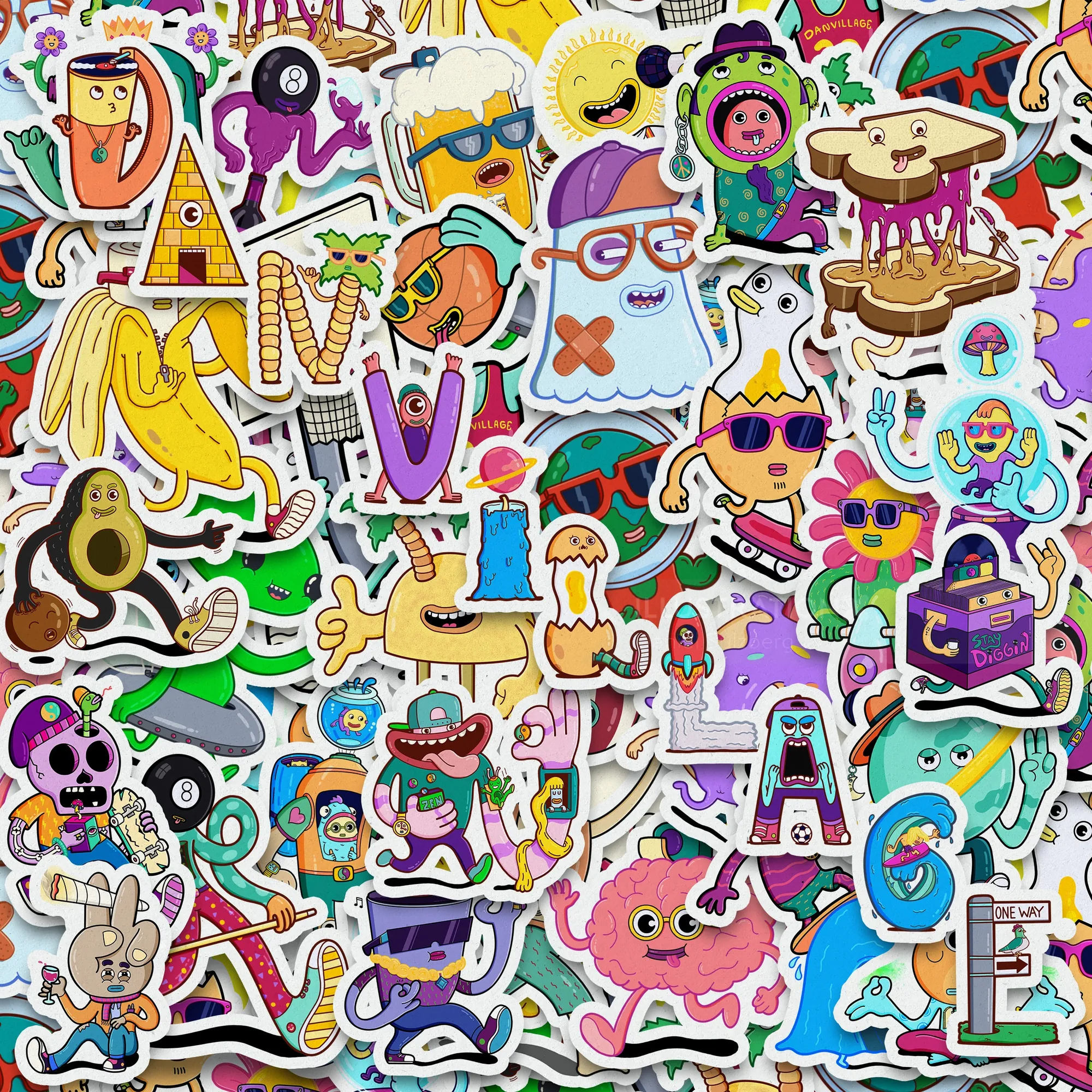 Colorful cartoon sticker collage by Daniel Sulzberg