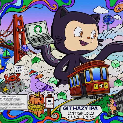 Daniel Sulzberg ilustração de um macaco do GitHub acima de um bondinho de São Francisco e pontos de referência coloridos