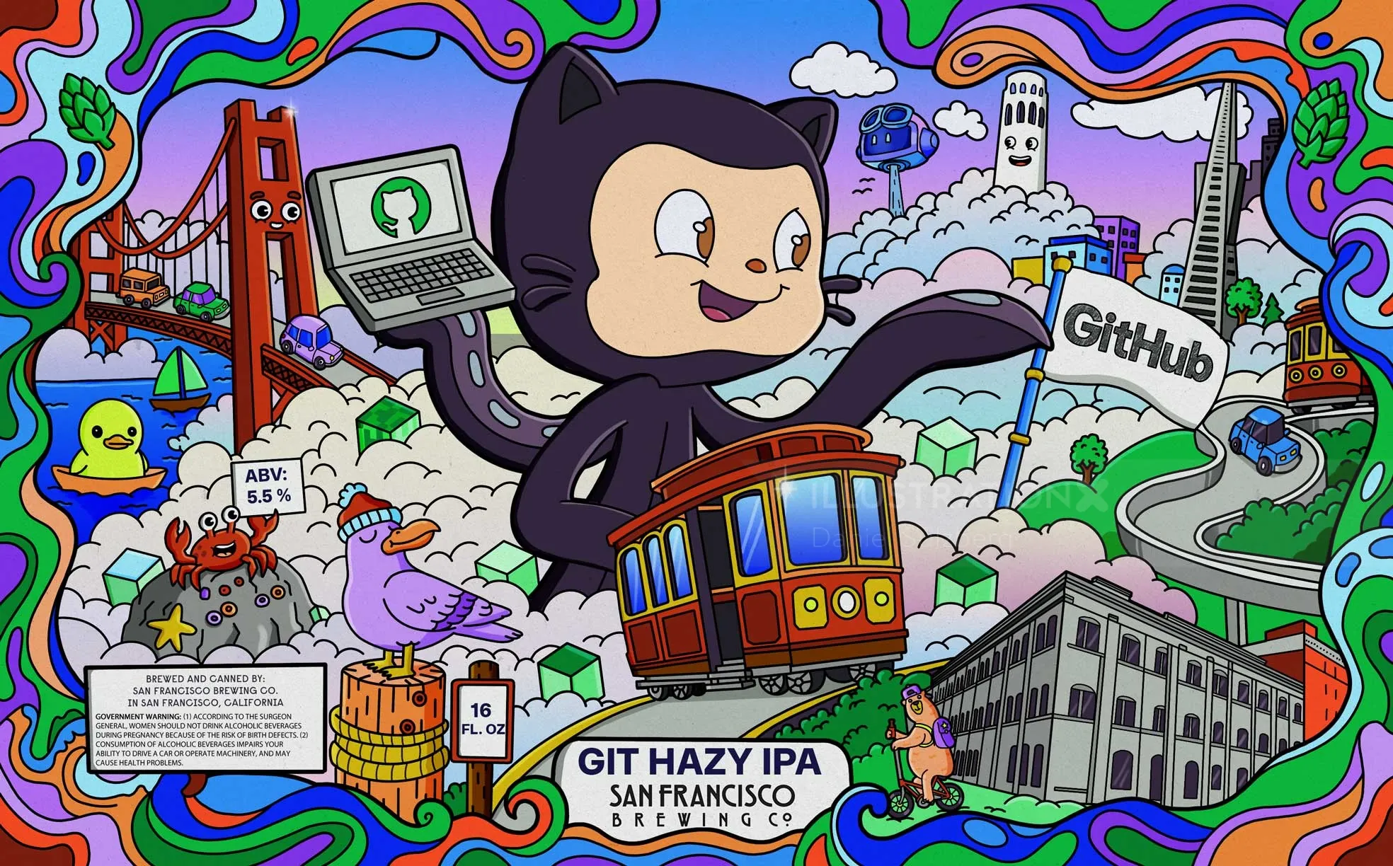 Daniel Sulzberg illustration of a GitHub monkey above a San Francisco cable car and colorful landmar