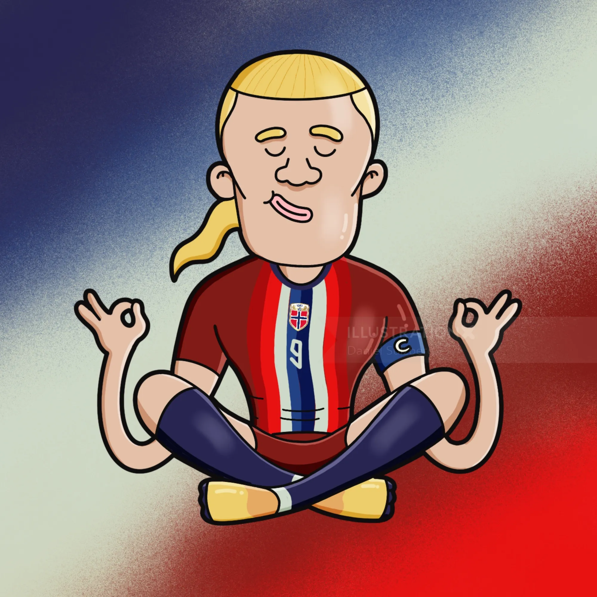 Daniel Sulzberg cartoon of a soccer player meditating cross-legged