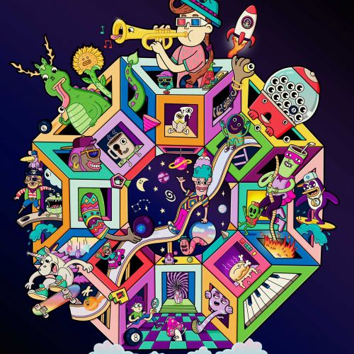Daniel Sulzberg’s colorful surreal collage with playful characters, rockets, instruments, geometri