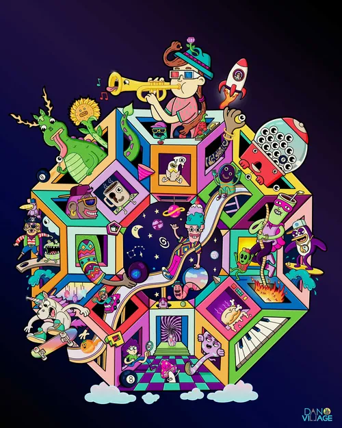 Daniel Sulzberg’s colorful surreal collage with playful characters, rockets, instruments, geometri