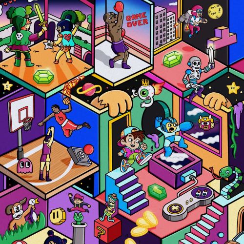 Pixel-art arcade world by Daniel Sulzberg with colorful rooms, games, and playful characters.