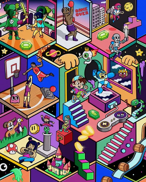 Pixel-art arcade world by Daniel Sulzberg with colorful rooms, games, and playful characters.