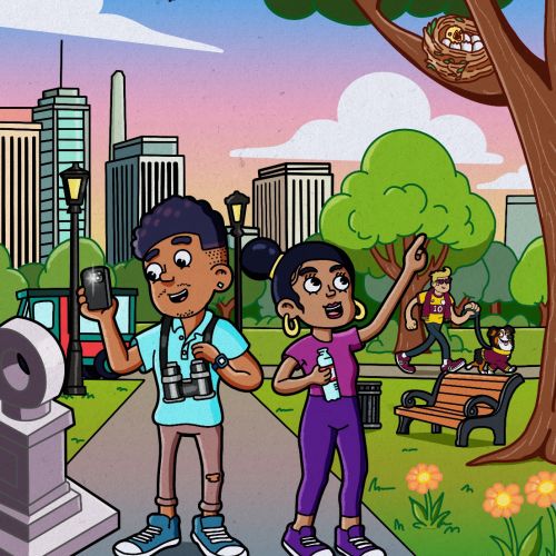 Daniel Sulzberg illustration of two children exploring a city park with an owl and skyscrapers