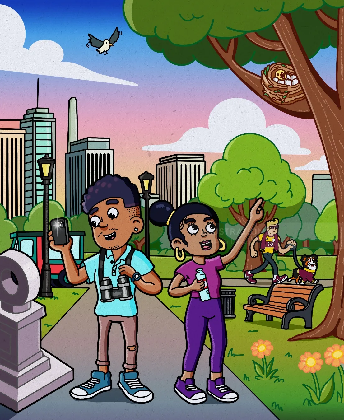 Daniel Sulzberg illustration of two children exploring a city park with an owl and skyscrapers