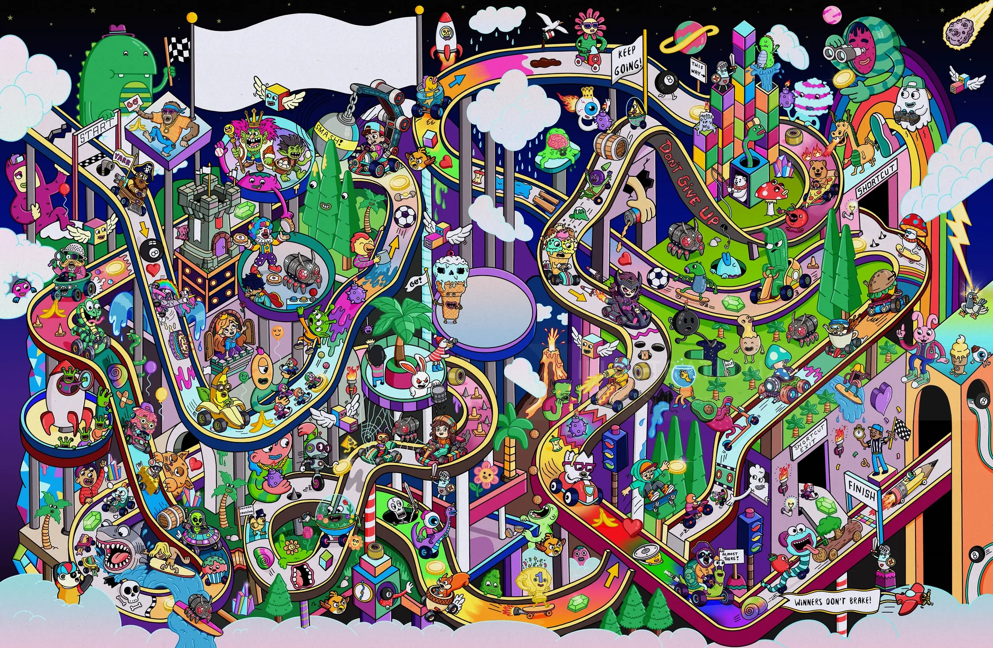 Daniel Sulzberg illustration of a colorful surreal city filled with winding paths and whimsical deta