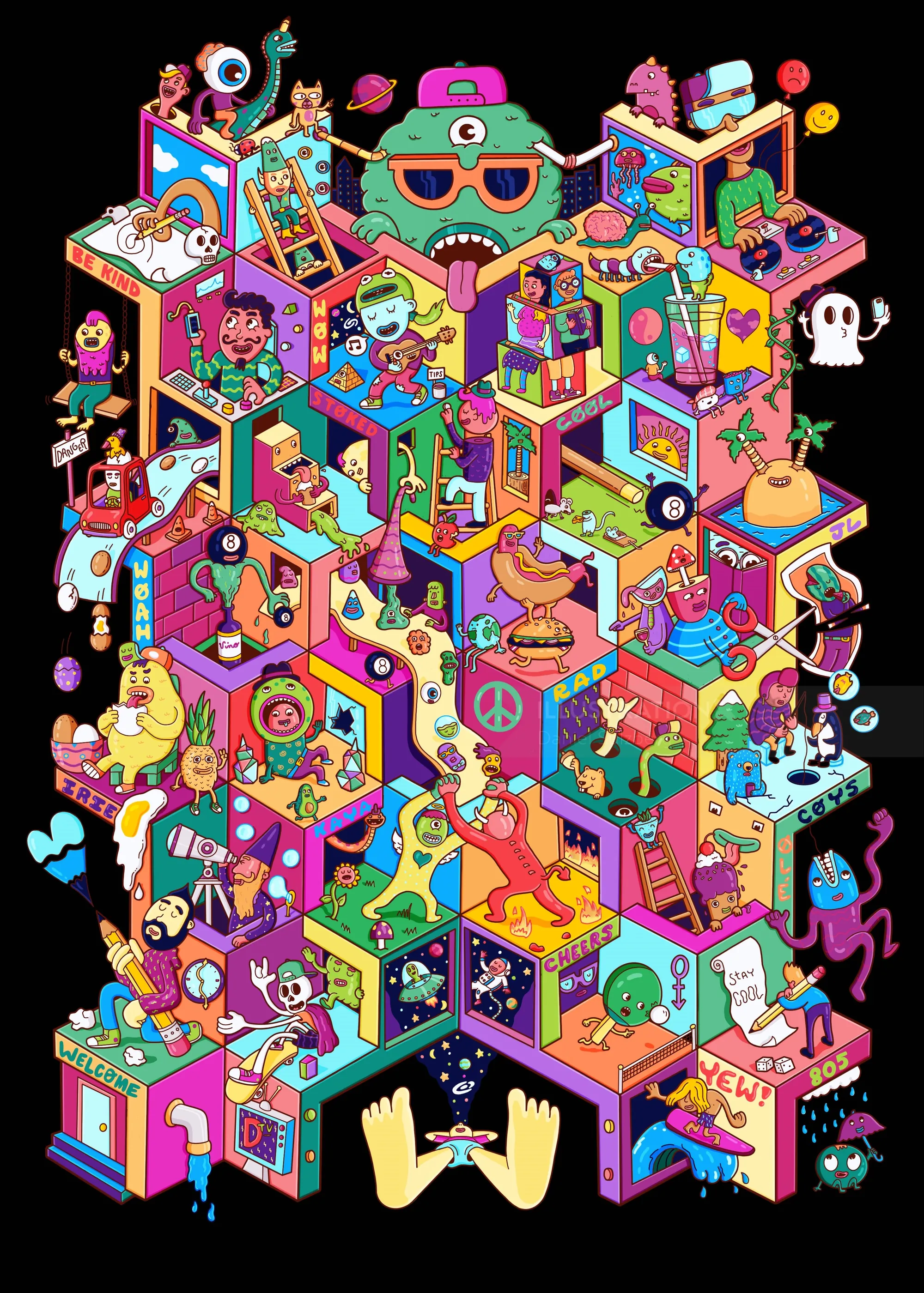 Daniel Sulzberg illustration of colorful stacked arcade rooms with characters, games, toys, and plan