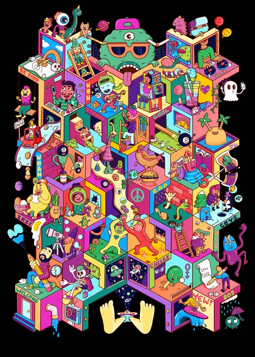 Daniel Sulzberg illustration of colorful stacked arcade rooms with characters, games, toys, and plan