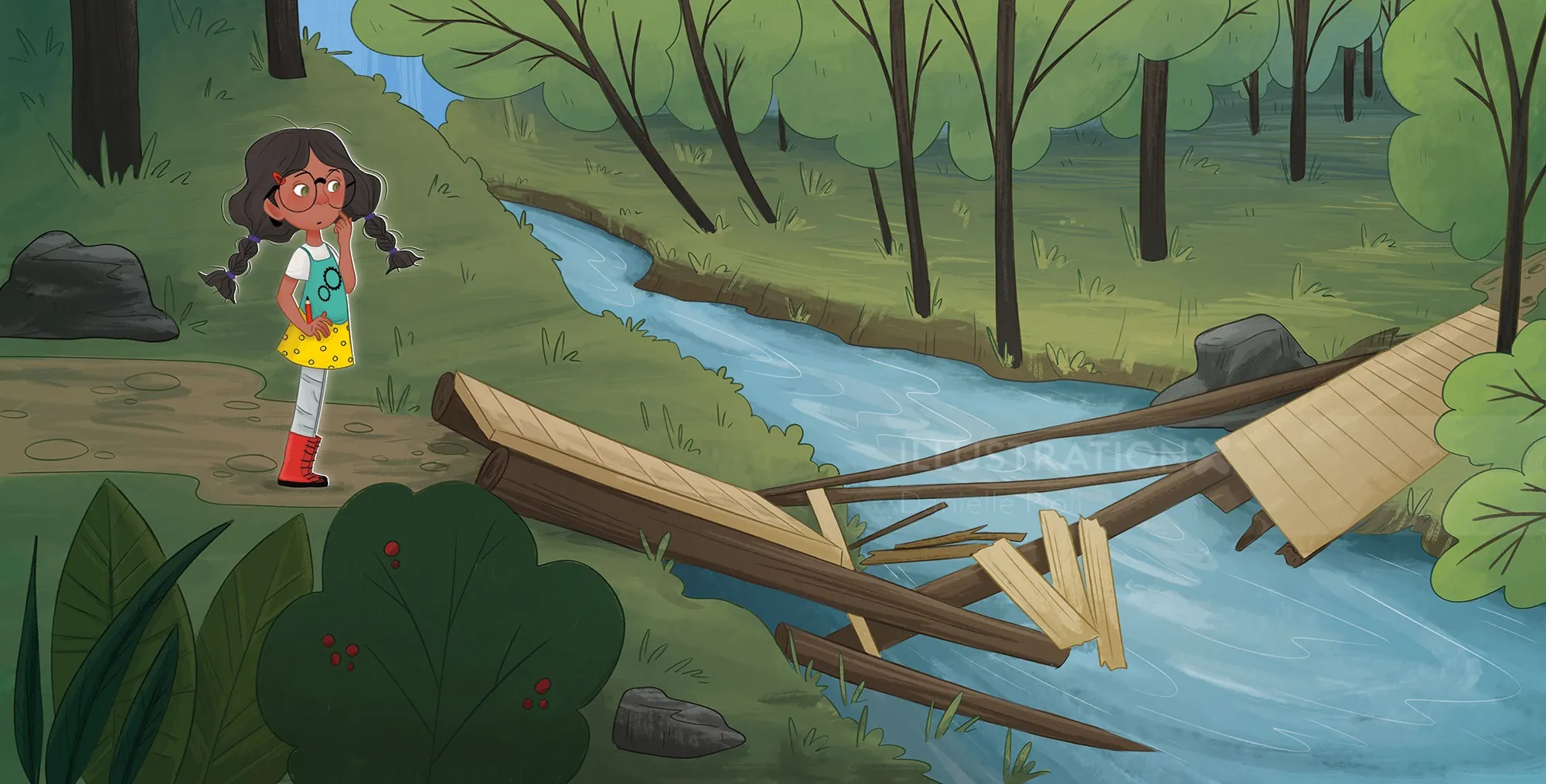 Girl in yellow dress exploring forest near broken wooden bridge over stream