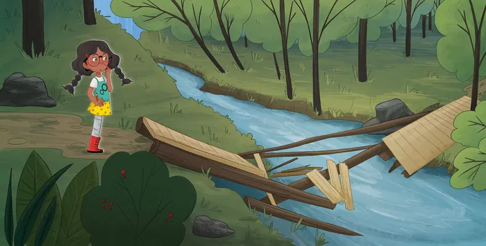 Girl in yellow dress exploring forest near broken wooden bridge over stream