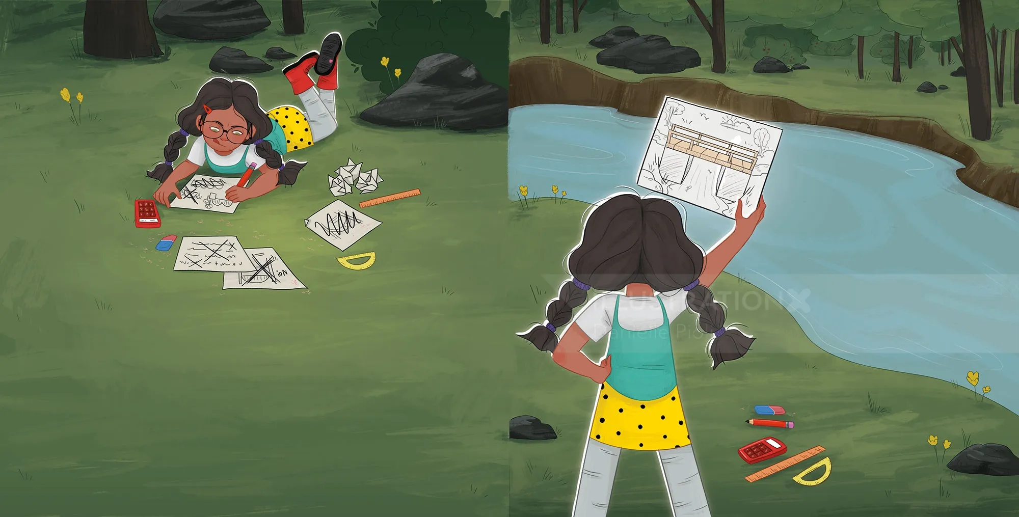 Colorful drawing of a child at work in a children’s book