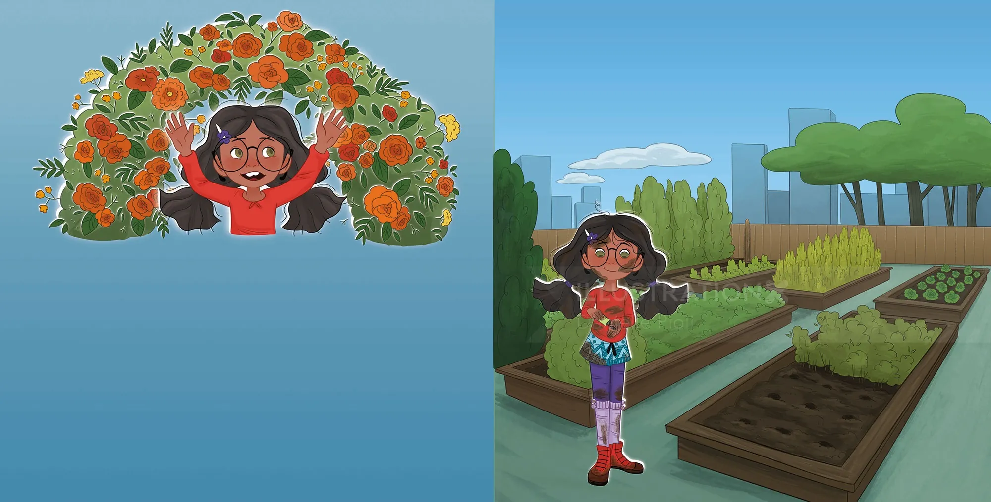 Girl holding a flower and gardening in a vegetable garden