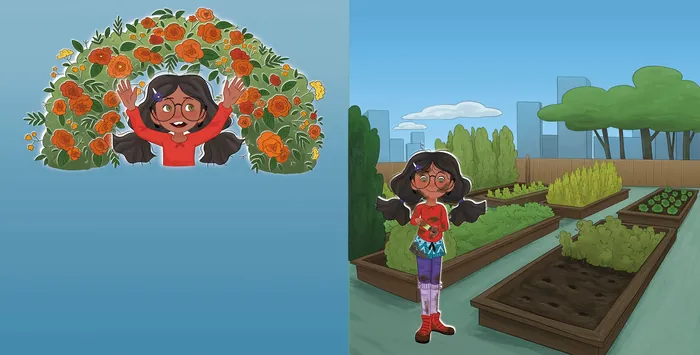 Girl holding a flower and gardening in a vegetable garden