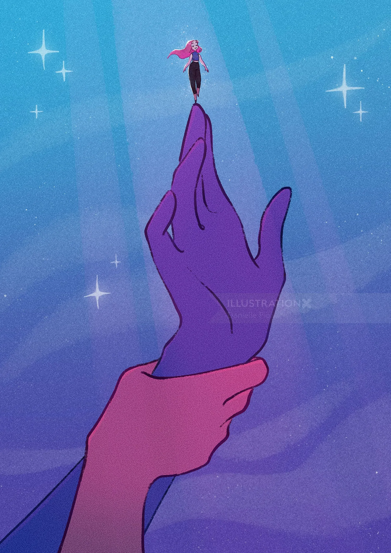 Large purple hand supported by smaller pink hand with tiny person standing on finger