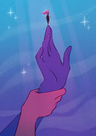 Large purple hand supported by smaller pink hand with tiny person standing on finger