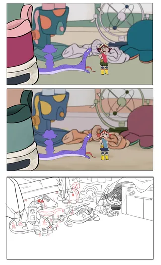 Three panels showing colorful and line art scenes of a child in a playful room