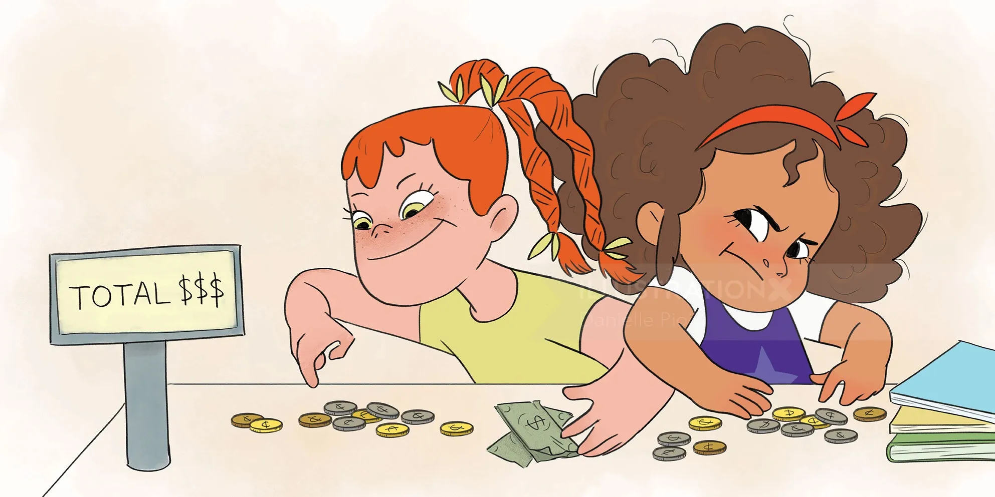 Cartoon illustration of children counting money