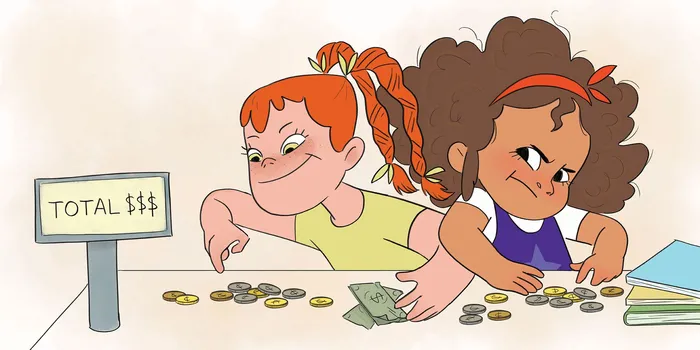 Cartoon illustration of children counting money
