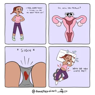 Comic strip of woman and uterus discussing running and pain