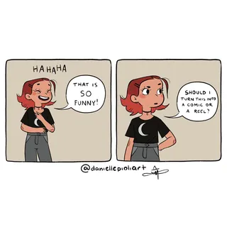 Cartoon woman laughing and deciding between comic or reel
