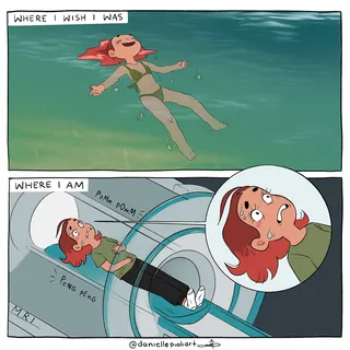 Comic of woman wishing to swim but inside MRI machine