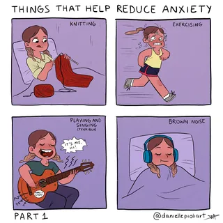 Comic strip showing knitting, exercising, singing, and brown noise to reduce anxiety
