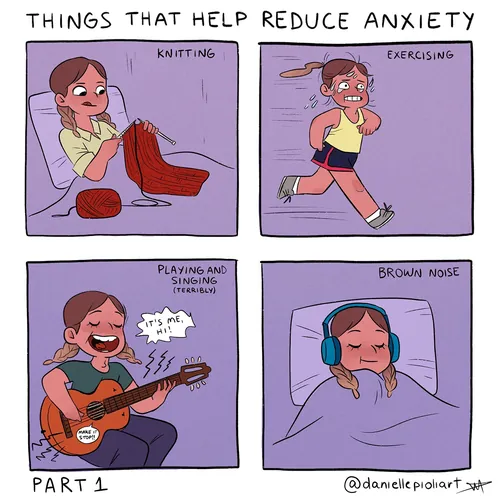 Comic strip showing knitting, exercising, singing, and brown noise to reduce anxiety