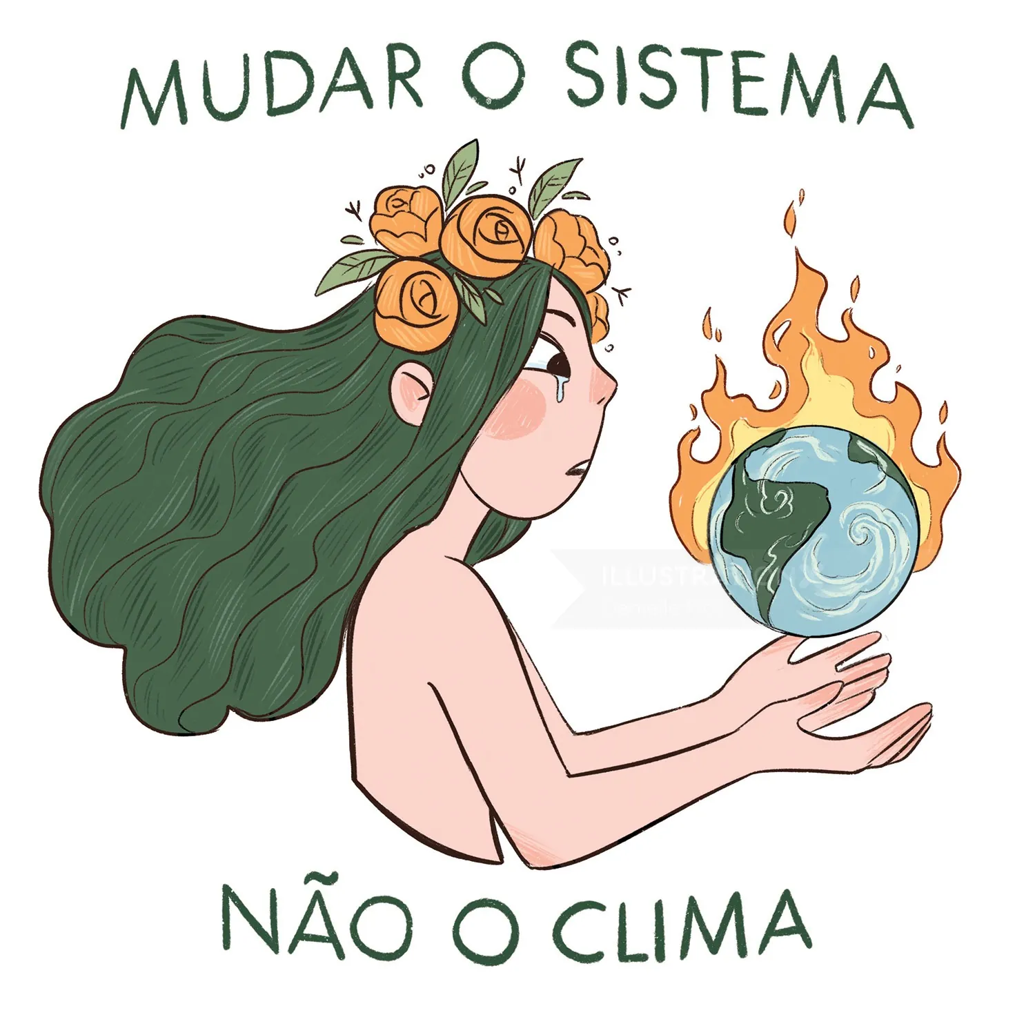 Mother Nature holding a burning Earth with message to change system