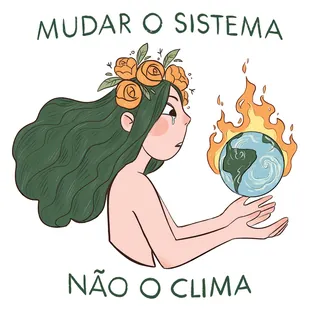 Mother Nature holding a burning Earth with message to change system