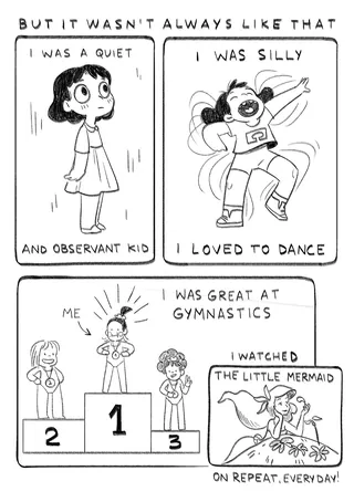 Comic strip panels showing a girl dancing, observing, and on a gymnastics podium
