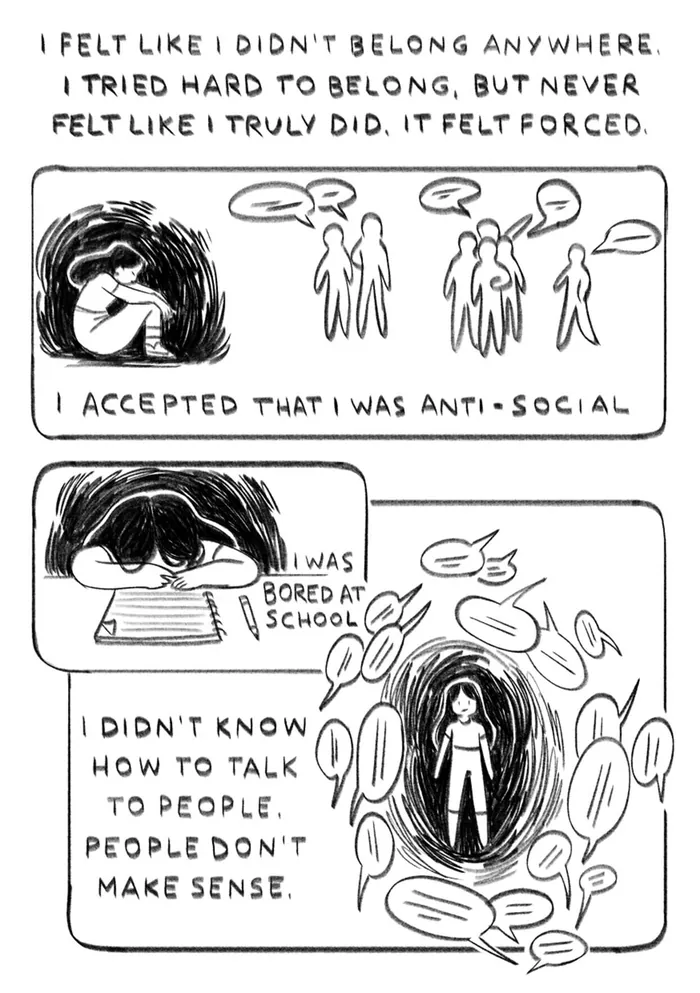 Comic panels about feeling anti-social and struggling to connect