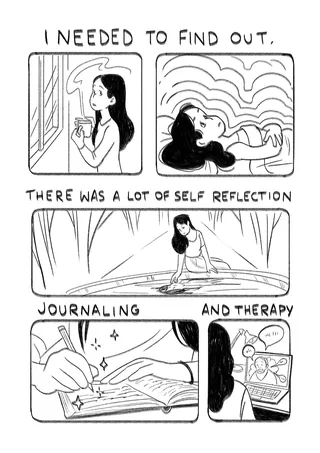 Comic panels showing a woman reflecting, journaling, and doing therapy