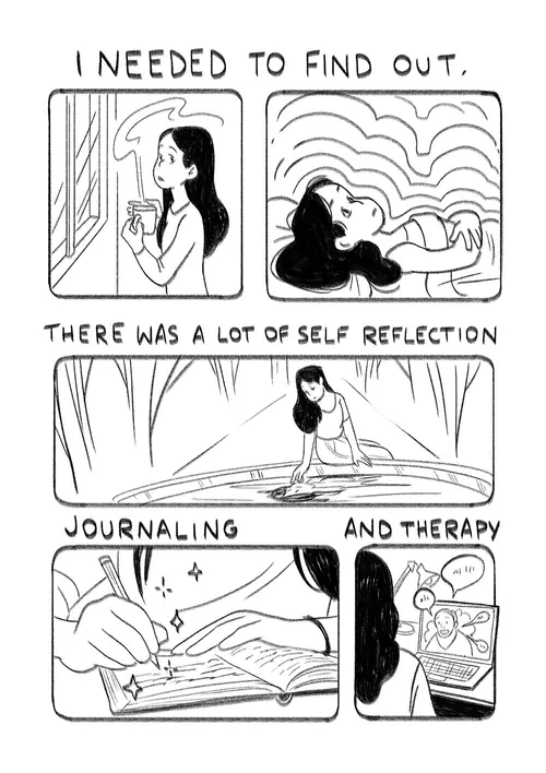 Comic panels showing a woman reflecting, journaling, and doing therapy