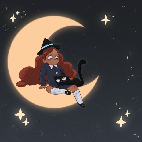 Magical fantasy artwork featuring a girl and the moon