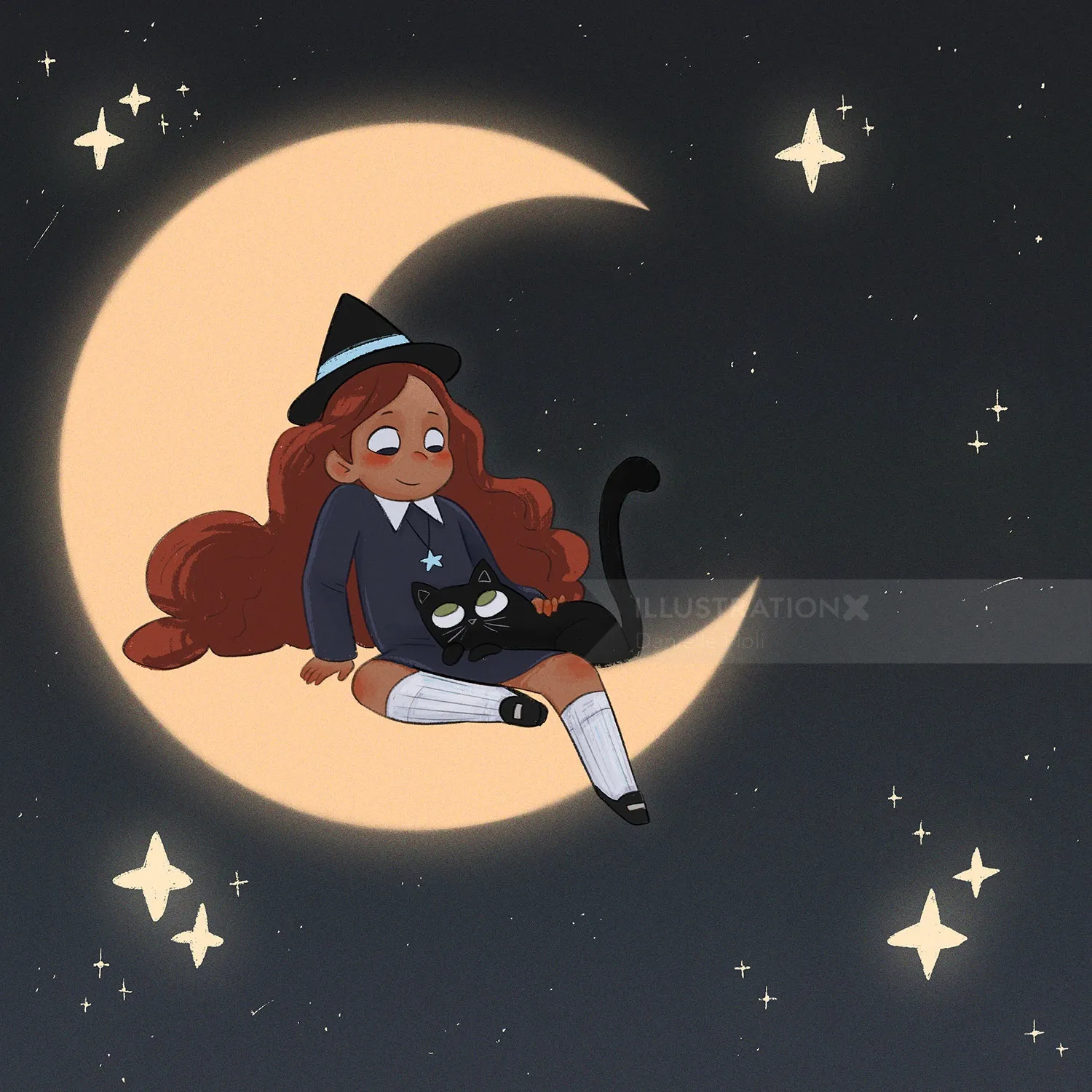 Magical fantasy artwork featuring a girl and the moon