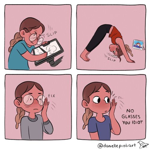 Cartoon strip highlighting glasses-related mishaps