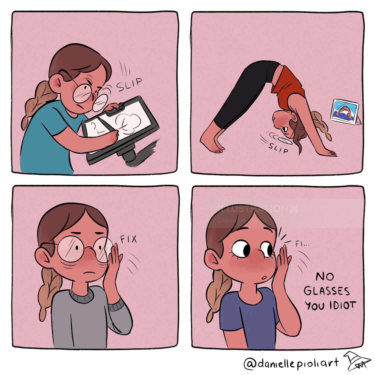 Cartoon strip highlighting glasses-related mishaps