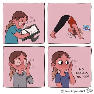 Cartoon strip highlighting glasses-related mishaps