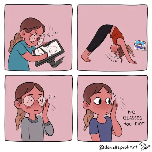 Cartoon strip highlighting glasses-related mishaps