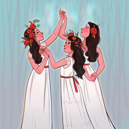 Black-and-white sketch illustrating the Triple Goddesses