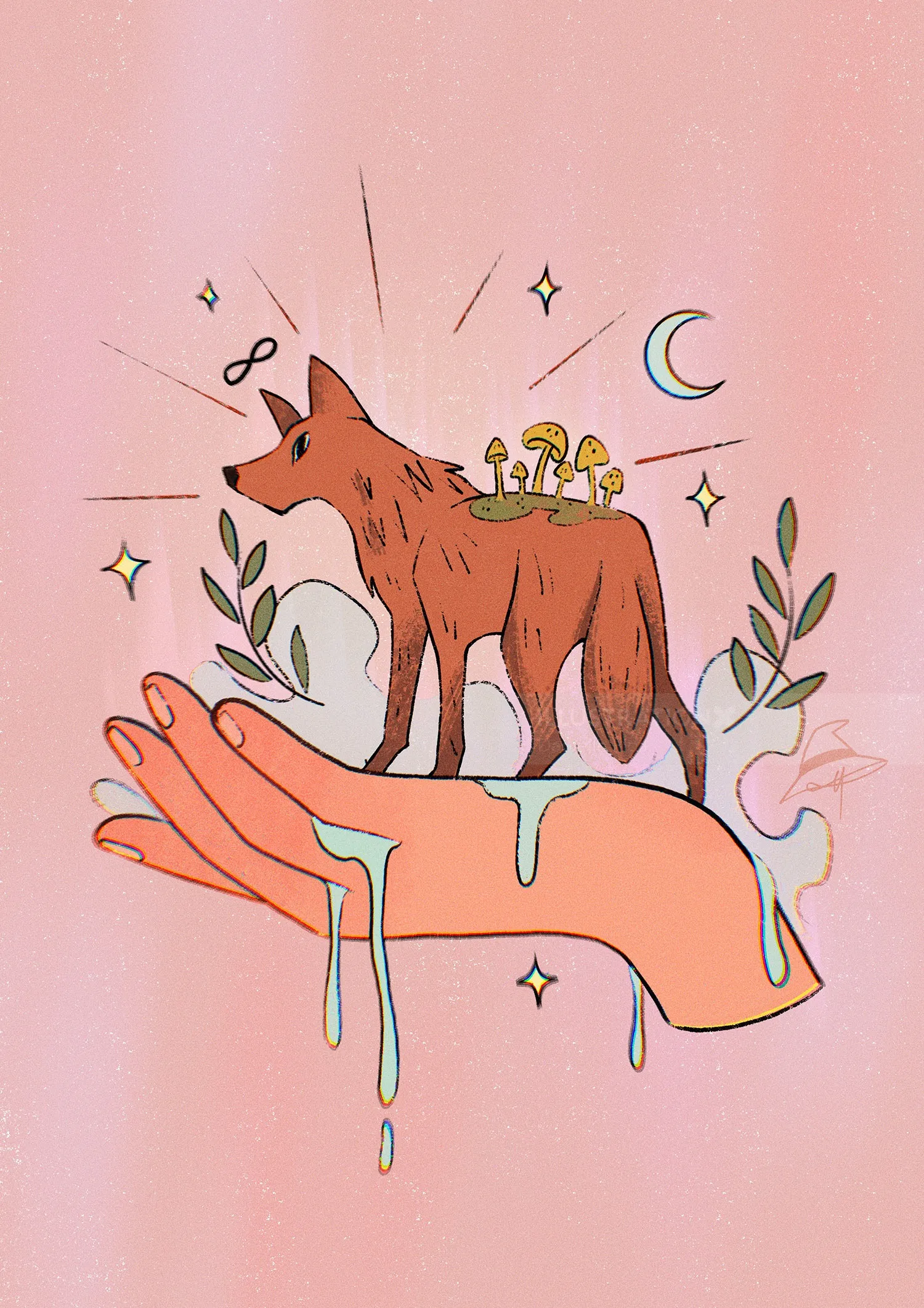 Fantasy-inspired coyote design with magical motifs