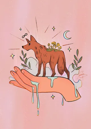 Fantasy-inspired coyote design with magical motifs