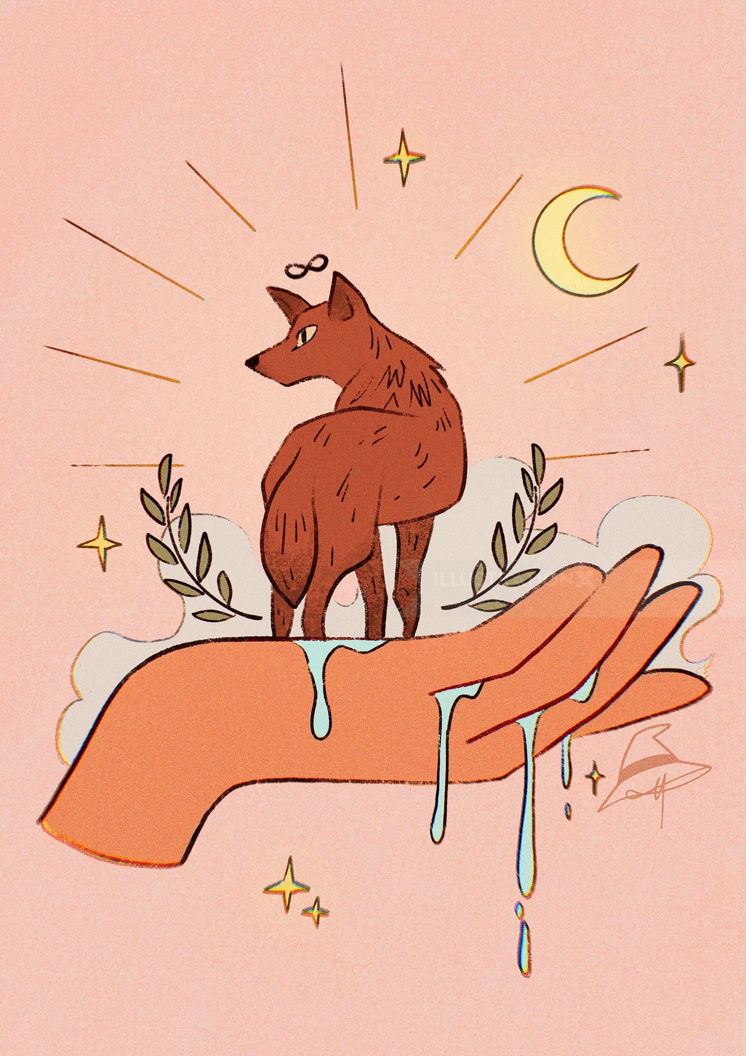 Whimsical art piece centered around a coyote
