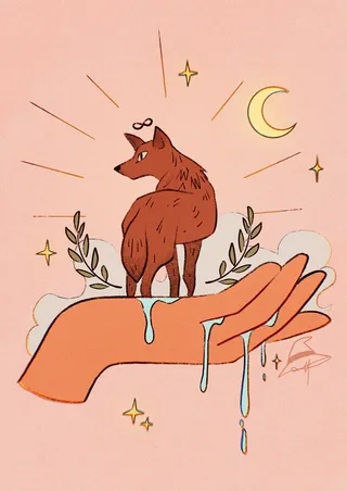 Whimsical art piece centered around a coyote